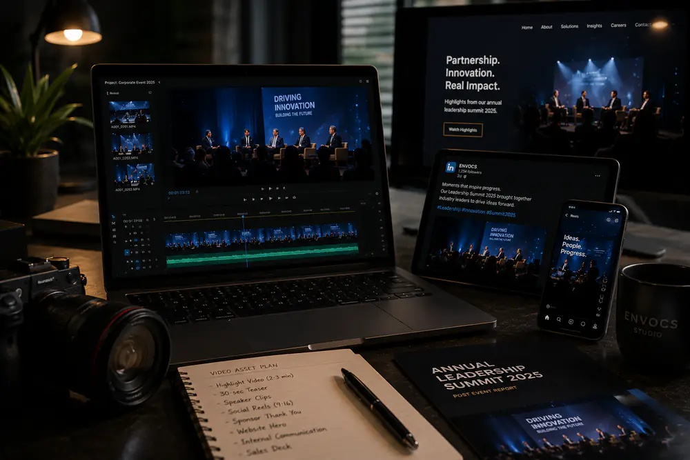 Cinematic desktop showing corporate event video assets used for business communication